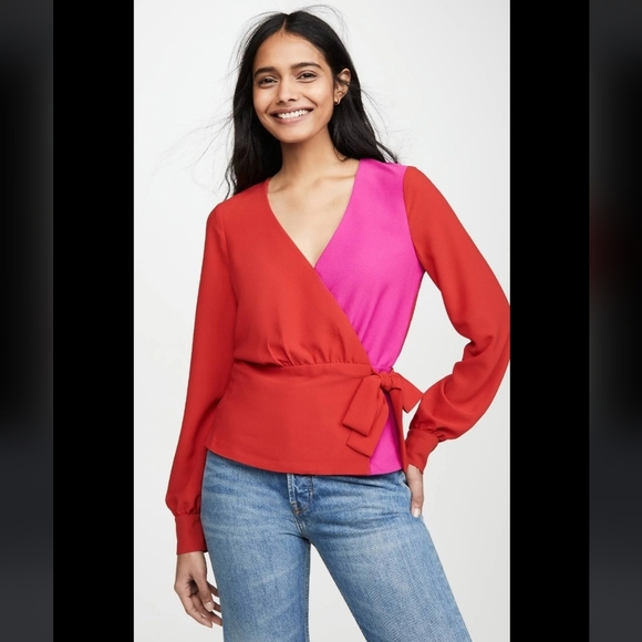 Bailey 44, Nina Color Blocked Wrap Top Blouse, Lipstick, Size 10 - Picture 2 of 14
